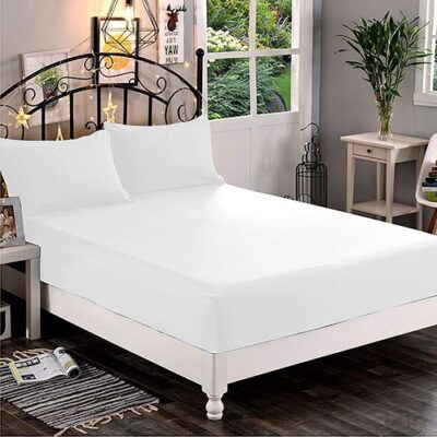 Plain Cotton Fitted Bedsheet Set – White